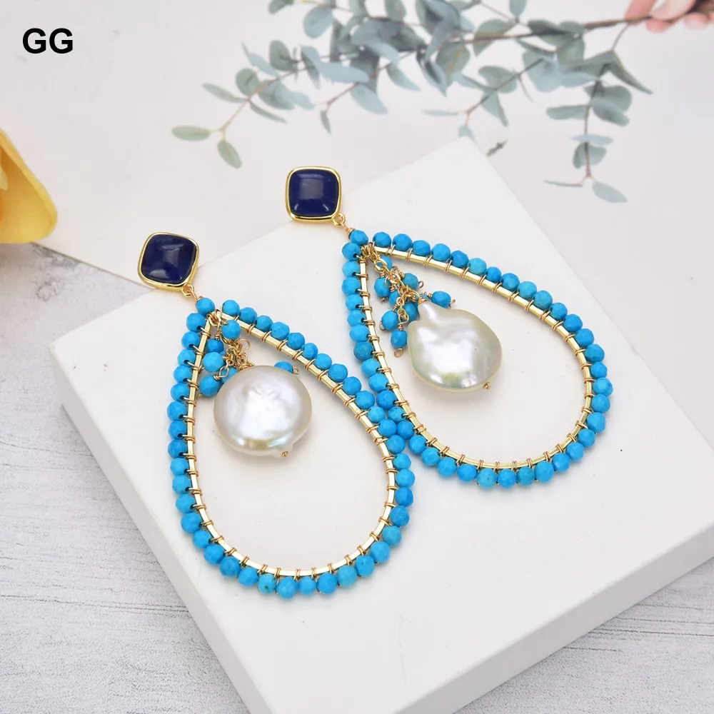 

GG Jewelry Natural Stone Teardrop Blue Turquoises White Coin Pearl Blue Sodalite Dangle Stud Earrings For Women Fashion Jewelry