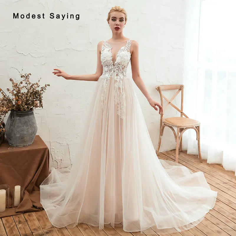 Sexy Backless Sheer Ivory and Blush Pink A-Line Beaded Lace Wedding Dresses 2019 Flowers Women Bridal Gowns vestidos de noiva
Sexy Backless Sheer Ivory and Blush Pink A-Line Beaded Lace Wedding Dresses 2019 Flowers Women Bridal Gowns vestidos de noiva