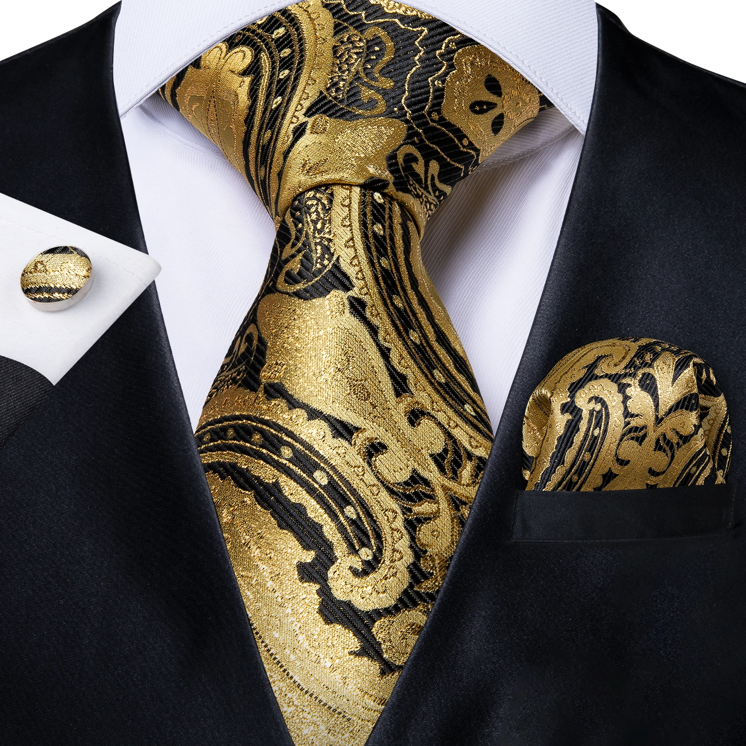 Men Necktie Gold Black Silk Paisley Wedding Tie For Men DiBanGu Designer Handkerchief Cufflink Tie Set Fashion Business SJT-7192
Men Necktie Gold Black Silk Paisley Wedding Tie For Men DiBanGu Designer Handkerchief Cufflink Tie Set Fashion Business SJT-7192
