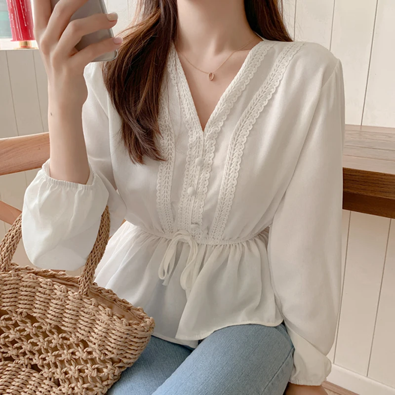 

shintimes V-Neck White Blouse Sashes Casual Woman Clothes 2019 Fall Lace Long Sleeve Shirt Women Blouses Shirts Chemisier Femme