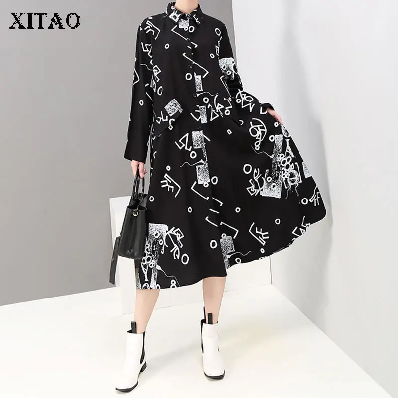 

XITAO Plus Size Straight Midi Dress Women Korea Fashion Turn Down Collar Print Geometrical 2019 Elegant Autumn Dress GCC1295
