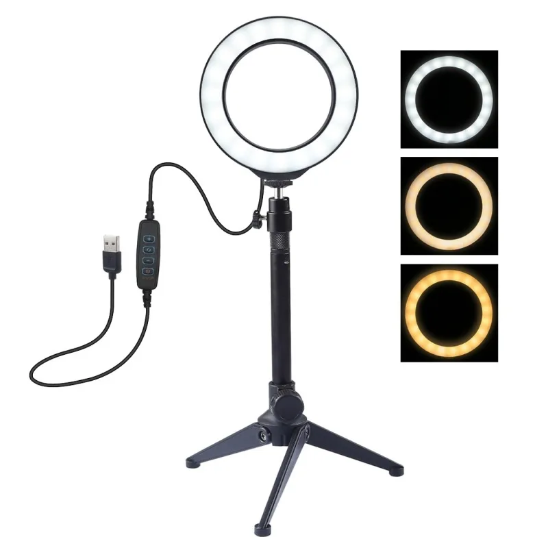 4.6 inch USB 3 Modes Dimmable LED Ring Vlogging Photography Video Lights + Desktop Tripod Holder with Cold Shoe Tripod Ball Head
4.6 inch USB 3 Modes Dimmable LED Ring Vlogging Photography Video Lights + Desktop Tripod Holder with Cold Shoe Tripod Ball Head