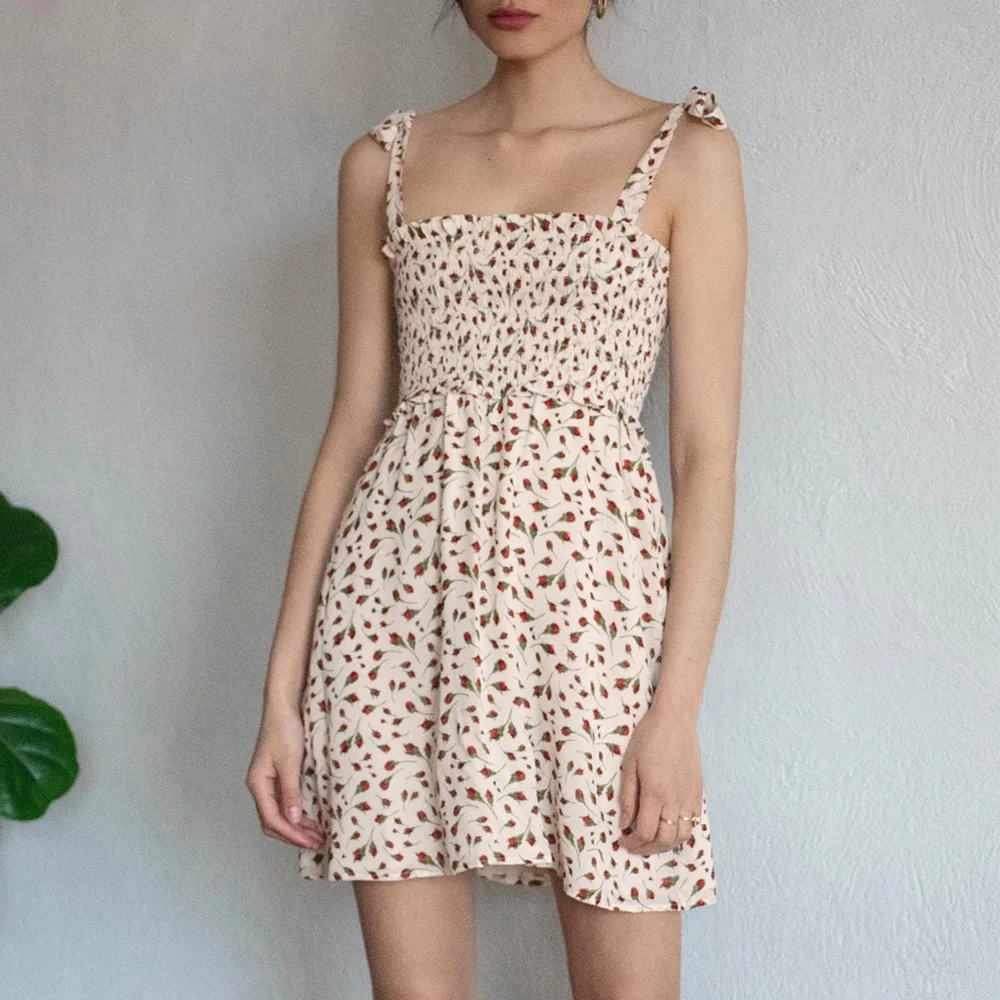 

Vintage Floral Print Summer Beach Dress For Women 2020 New Smocked Frill Trim Tie Spaghetti Strap Mini Dresses Clothes Sundress