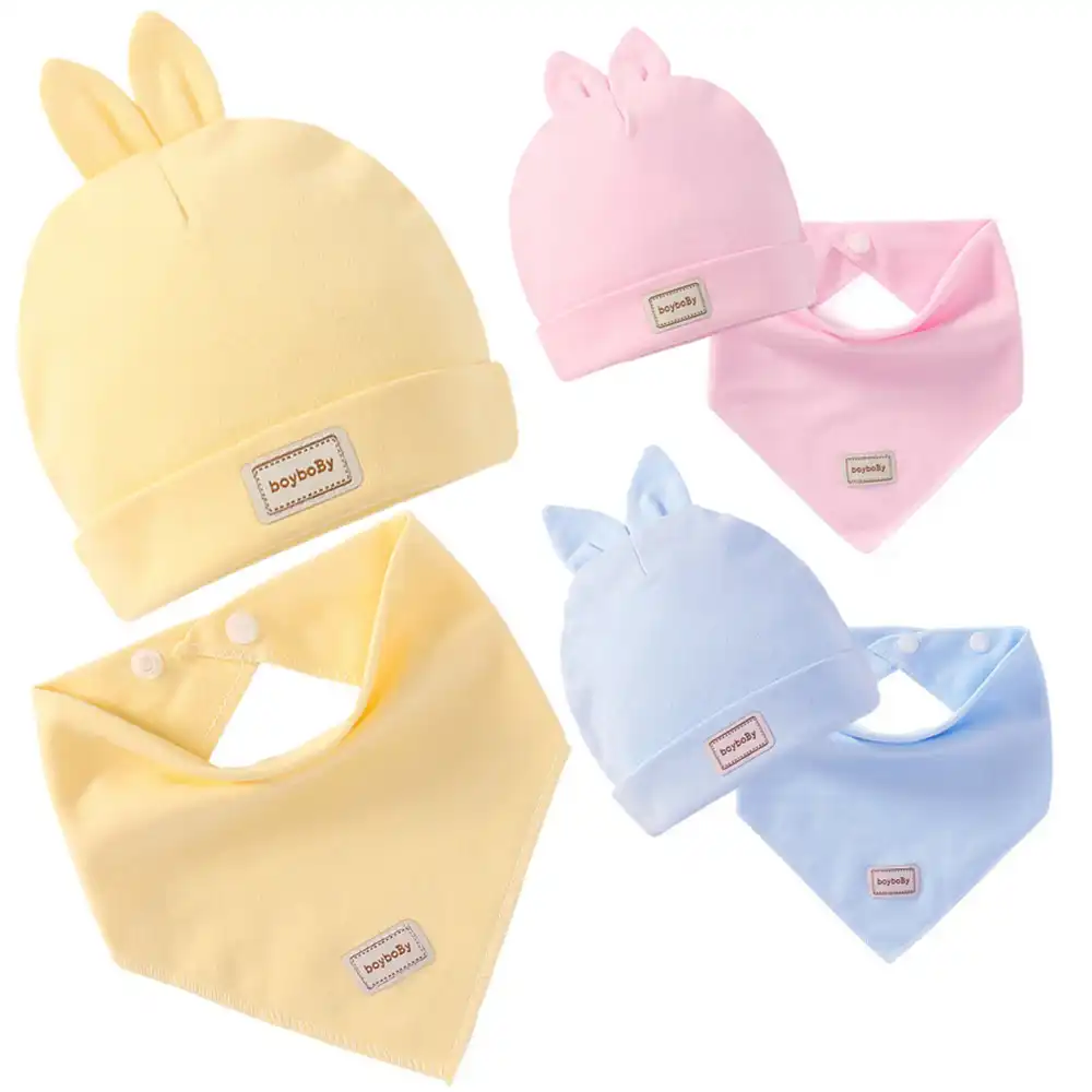 cute new baby hats solid saliva towel sets lovely rabbit ears