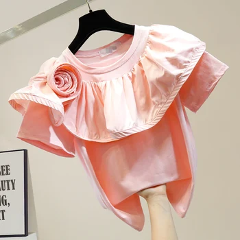 Women's Sweet Ruffled Splicing Three-Dimensional Flowers Decoration Short-Sleeved T-shirt 2020 New Fashion Ladies Tops T Shirt
Women's Sweet Ruffled Splicing Three-Dimensional Flowers Decoration Short-Sleeved T-shirt 2020 New Fashion Ladies Tops T Shirt