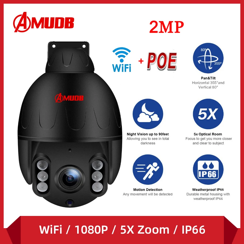 AMUDB PTZ Speed Dome WIFI 1080P IP Camera Outdoor 5x Optical Zoom 2MP Wireless Camera H.265 IR 50m ONVIF Two Way Audio Talk
AMUDB PTZ Speed Dome WIFI 1080P IP Camera Outdoor 5x Optical Zoom 2MP Wireless Camera H.265 IR 50m ONVIF Two Way Audio Talk