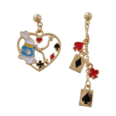 Алиса Wonderland Принцесса кролик асимметричные серьги капли часы покер карта эмаль