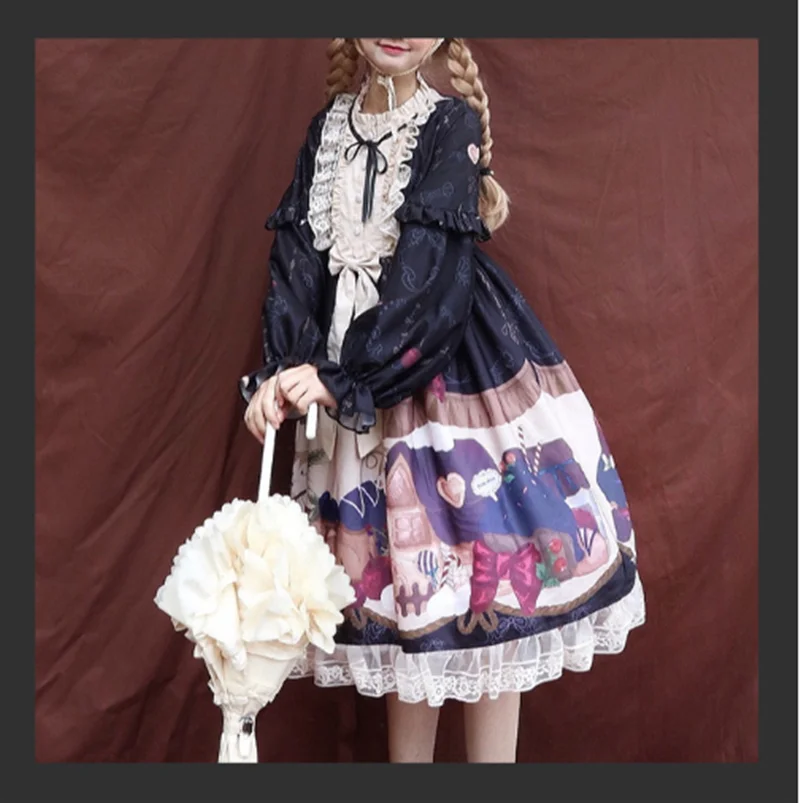 

Victoria sweet Kawaii Lolita Dress Harajuku Long Sleeve Bowknot Cartoon Print Lace Op Lolita Dresses Cosplay Loli Lol Vestidos