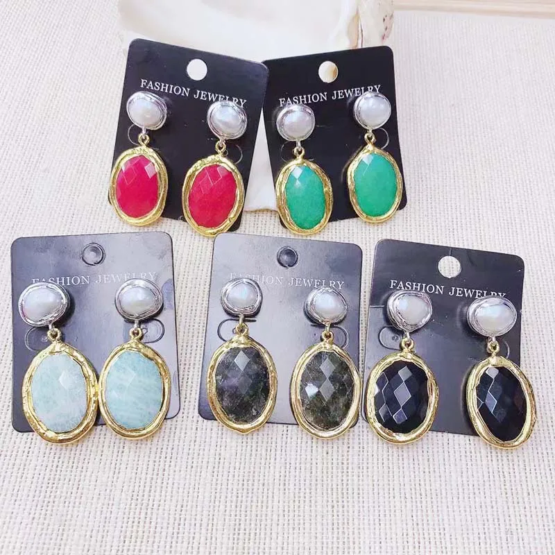 

Wholesale Pearl Stud Nutral Gem Stone long earrings New Style Hot Sell 24K Gold Dangle Earring 4Pairs Mix Color