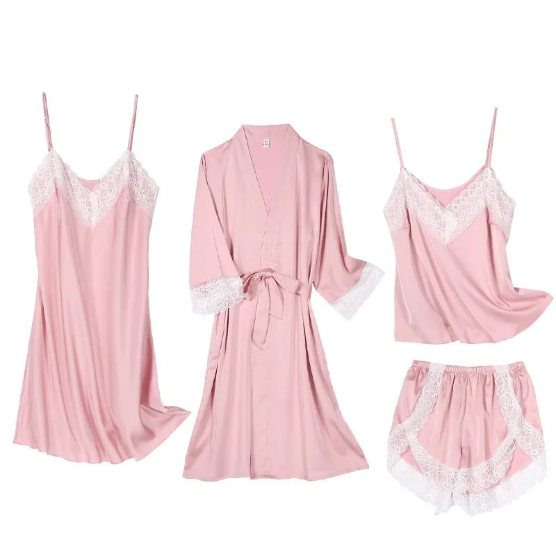 

Summer Women 4PCS Satin Robe Set Sexy Hollow Out Lace Floral Casual Nighty Pajamas Suit Shorts Lingerie Kimono Bath Home Clothes