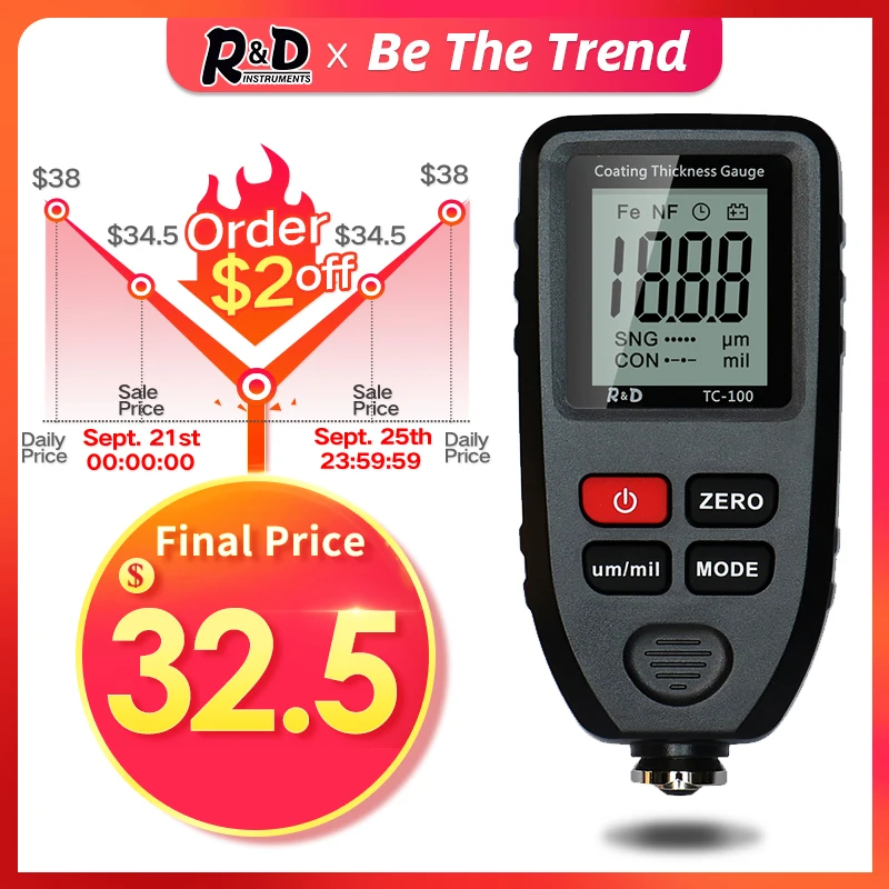 R&D TC100 Coating Thickness Gauge Car Paint Film Thickness Tester Measuring FE/NFE Russian Manual Paint Tool Black
R&D TC100 Coating Thickness Gauge Car Paint Film Thickness Tester Measuring FE/NFE Russian Manual Paint Tool Black