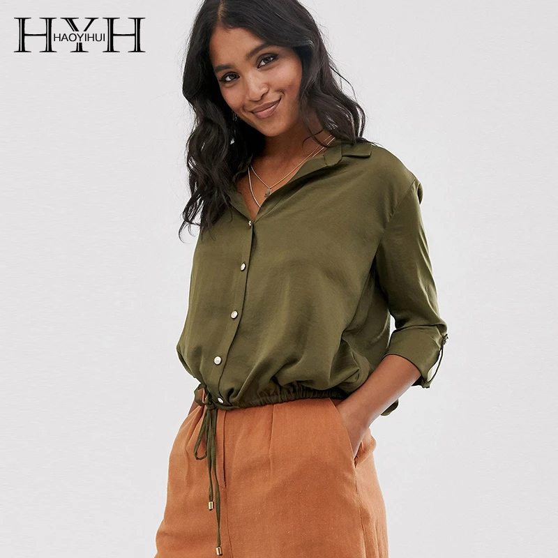 

HYH haoyihui Simple OL Style Daily Drawstring Tie Hem Curled Seven-point Sleeve Satin Solid Color Button Women Shirt