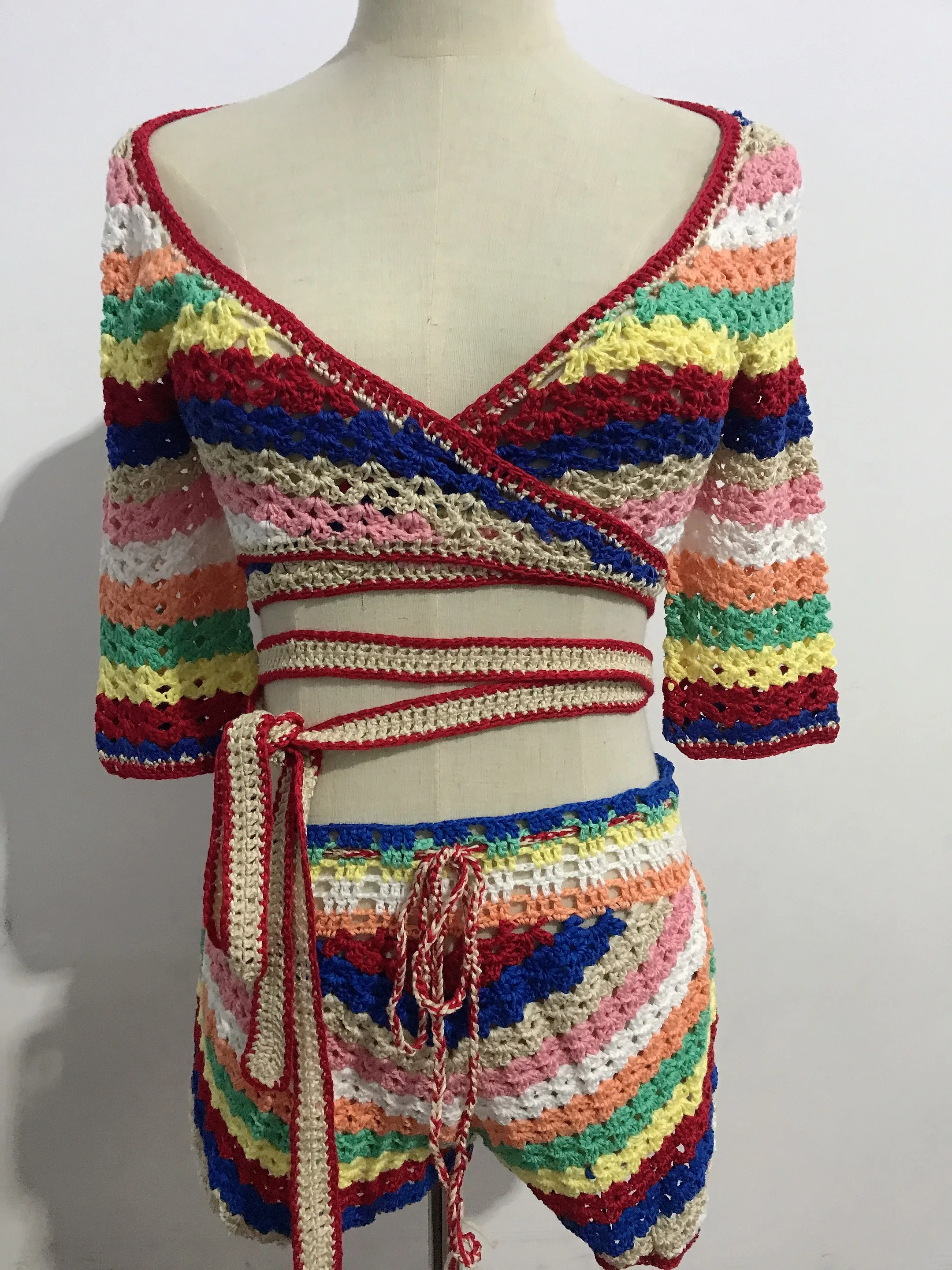 2020 BOHO Lacing up Colored Striped Hand crochet Cardigan Sweater Women Bandage Mini Short Shorts Half Sleeve Tops 2 Pieces Set