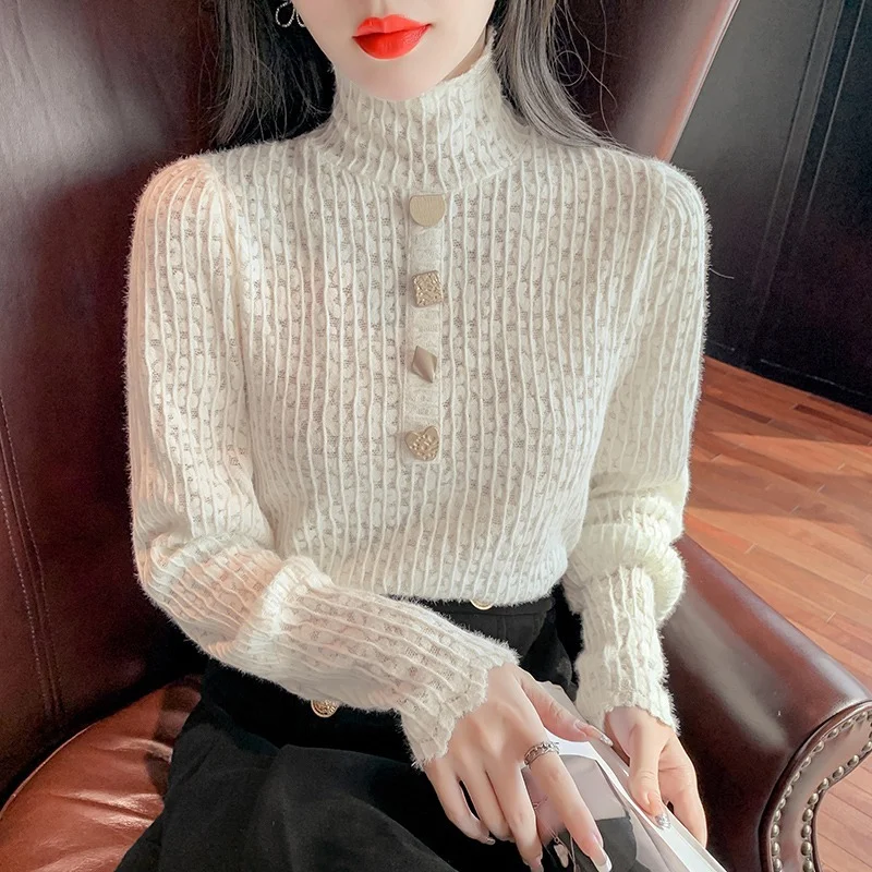 

Autumn Winter 2021 New Women Blouse Turtleneck Lace Pullover Tops Korean Bottom Women'S Shirt Fashion Clothes Chic Blusas 17708