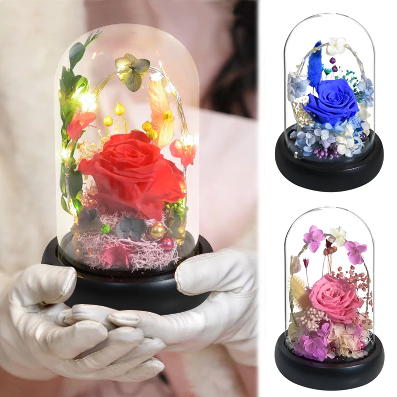 

Preserved Rose In Glass Dome Eternal Love Flower LED Light Lamp Romantic Gifts for Wedding Birthday Valentine Christmas Decor