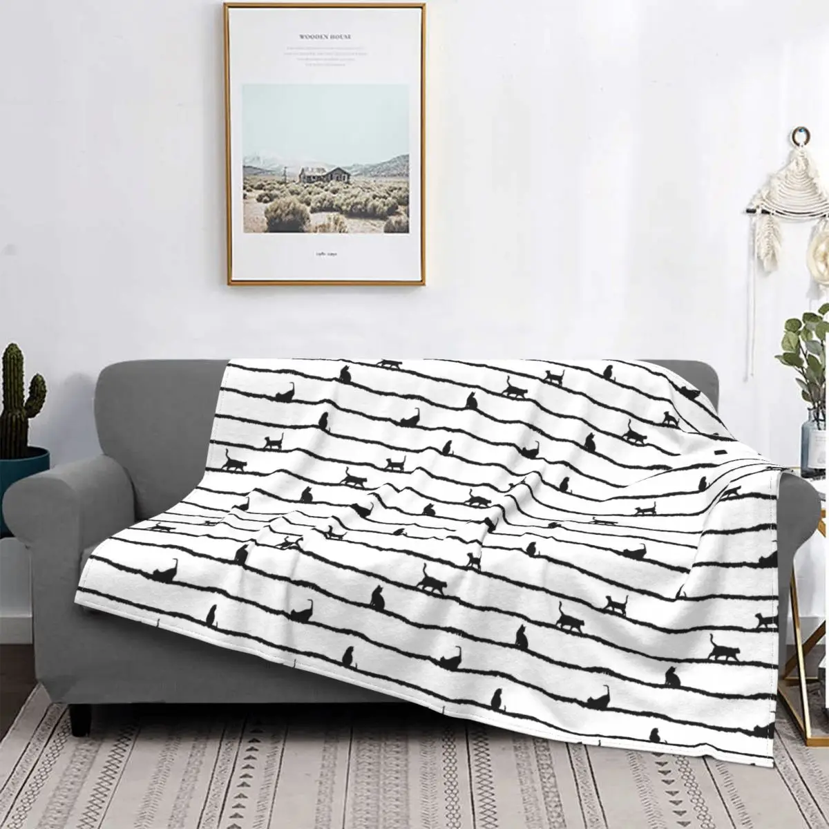 Abstract Hand Drawing Cat Silhouette And Stripes Pattern Carpet Hot Bed Blanket Covers Luxury Flannel | Дом и сад