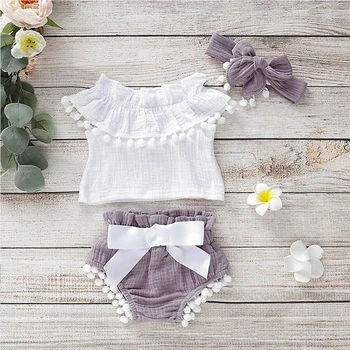 0-24M Newborn Infant Baby Girls Kids Tassels Ruffle T shirt Tops PP Shorts Headband Summer Cotton Linen Clothes 3Pcs 
0-24M Newborn Infant Baby Girls Kids Tassels Ruffle T shirt Tops PP Shorts Headband Summer Cotton Linen Clothes 3Pcs
