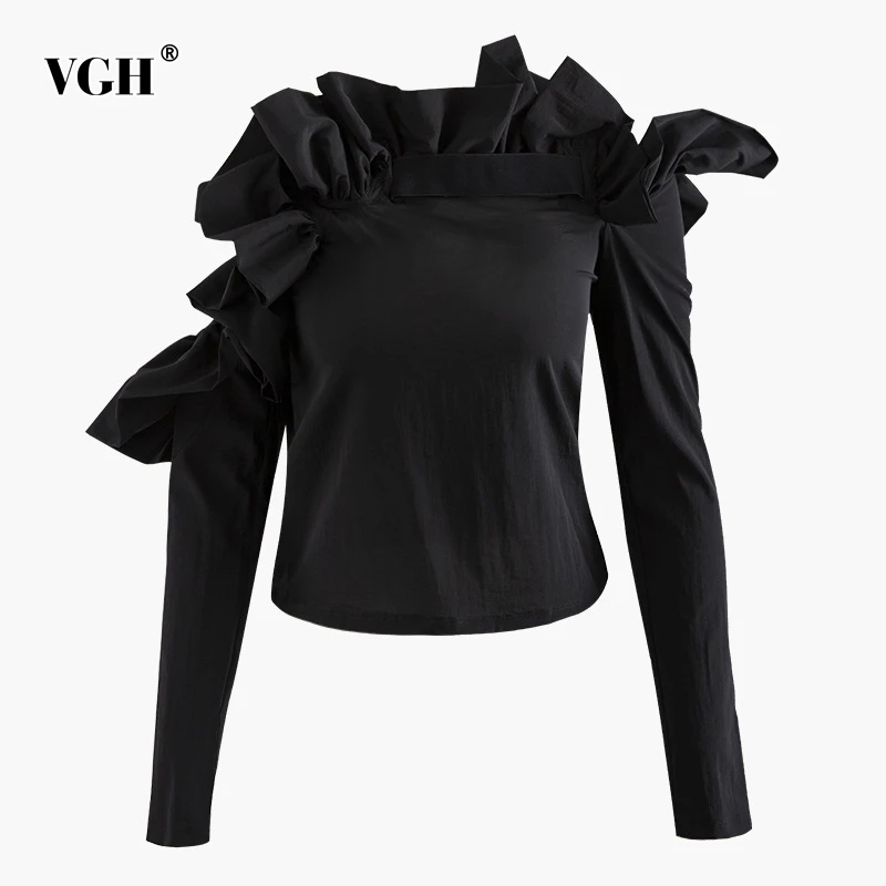 VGH Casual Asymmetrical Women Shirt Slash Neck Long Sleeve Off Shoulder Slim Patchwork Ruffles Irregular Blouse Female Fashion VGH Casual Asymmetrical Women Shirt Slash Neck Long Sleeve Off Shoulder Slim Patchwork Ruffles Irregular Blouse Female Fashion
