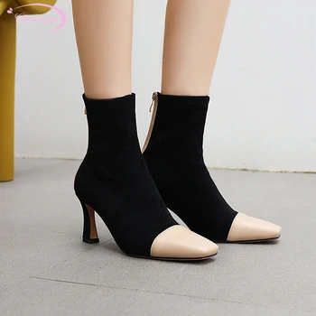 Party style square toe flock ankle boots matching color zipper apricot black high-heeled chunky riding boots women's shoes
Party style square toe flock ankle boots matching color zipper apricot black high-heeled chunky riding boots women's shoes