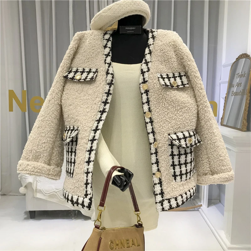 Fleece Patchwork Female Jacket Single Breasted V-Neck Coats and Jackets Women Designer Clothing Women thick warm tops
Fleece Patchwork Female Jacket Single Breasted V-Neck Coats and Jackets Women Designer Clothing Women thick warm tops