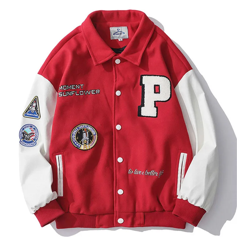 

Fashion Men's Uniform Baseball Jacket Single Breasted PU Leather Sleeve Applique Bomber Jacket Patch Casual Jacket