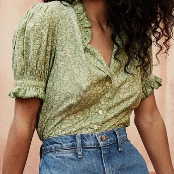 Women's Short-sleeved Blouse V-neck Ruffles Puff Sleeve Single Breasted Holiday Style Female Casual Shirt 
Women's Short-sleeved Blouse V-neck Ruffles Puff Sleeve Single Breasted Holiday Style Female Casual Shirt