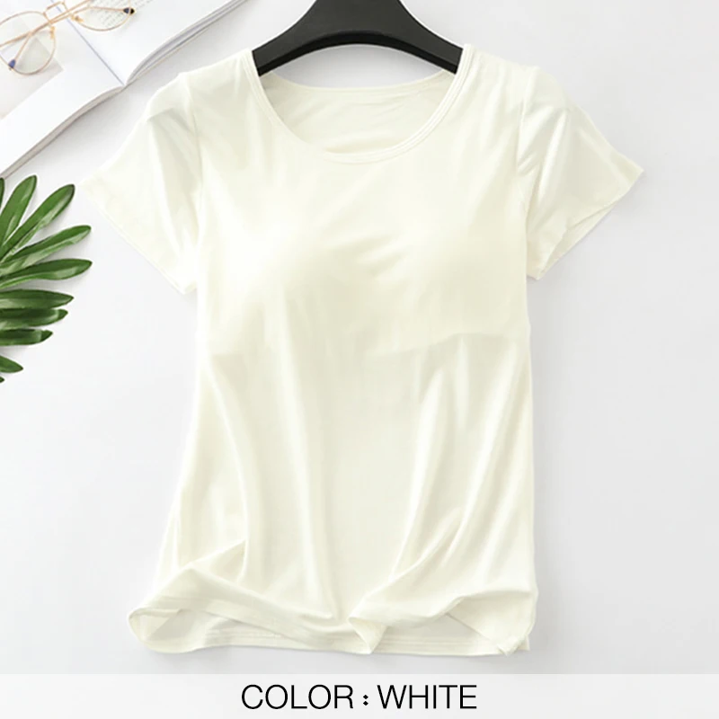 Women's T-Shirts Built-in Bra Padded Tshirts Tops For Women Push-Up Stretchable Modal Short Sleeve Sexy Casual