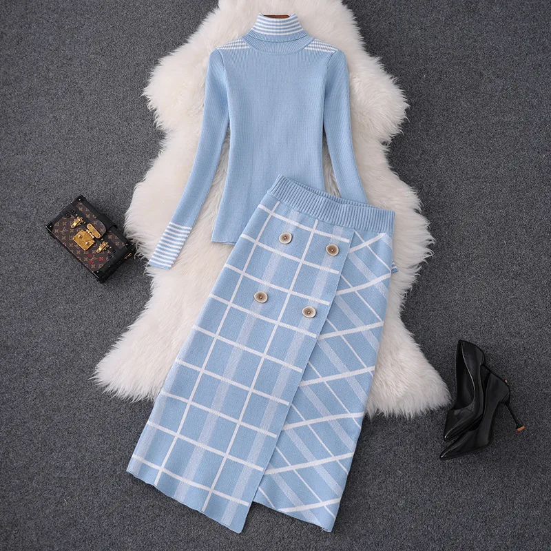 Autumn Spring Women Knitting Two Pieces Sets Turtleneck Sweater Slim Straight Skirt Plaid Embroidery Asymmetrical Skirt Suits
Autumn Spring Women Knitting Two Pieces Sets Turtleneck Sweater Slim Straight Skirt Plaid Embroidery Asymmetrical Skirt Suits