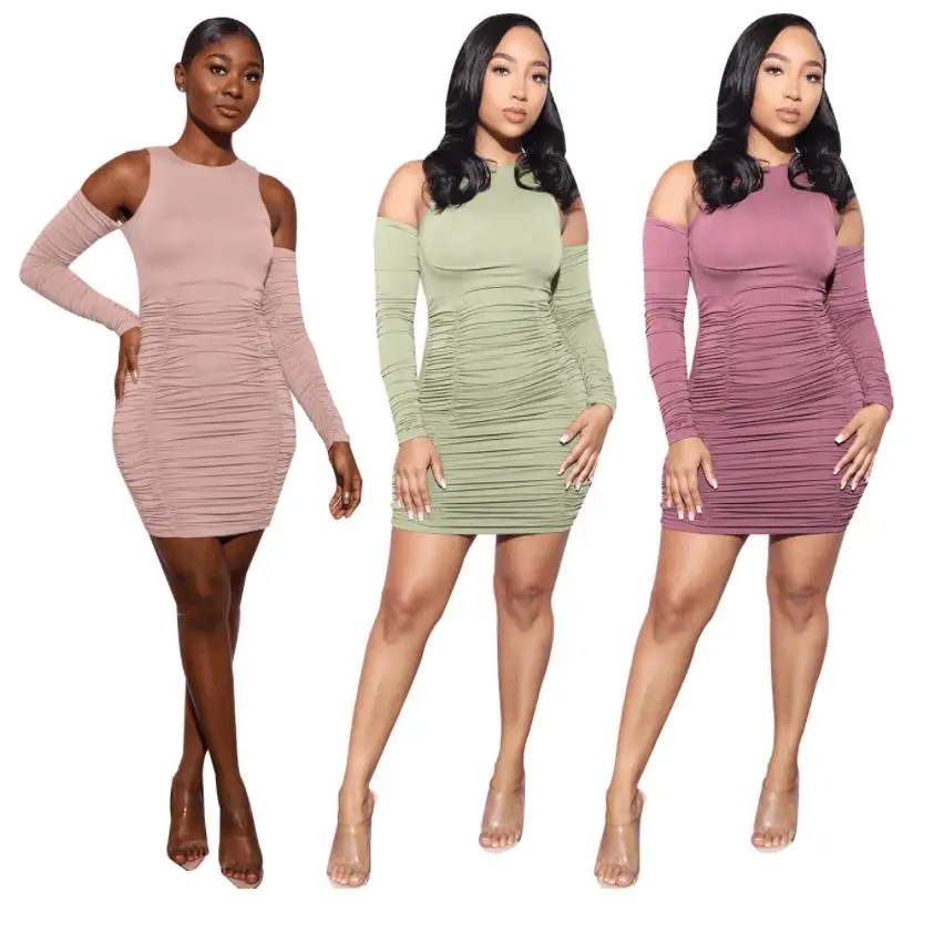 

BKLD Women Summer Dress 2024 Cold Shoulder Round Neck Long Sleeve Dresses For Women Ruched Nightclub Party Sexy Bodycon Dress