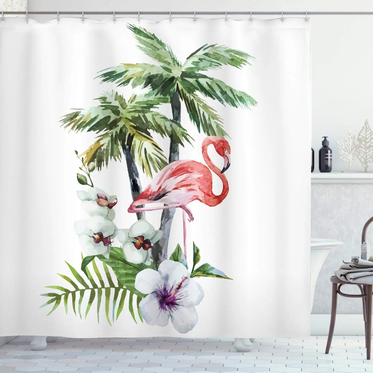 Flamingo Shower Curtain, Watercolor Island Composition Exotic Forest Leaves and Hibiscus Spring in Hawaii, Cloth Fabric Bathroom
Flamingo Shower Curtain, Watercolor Island Composition Exotic Forest Leaves and Hibiscus Spring in Hawaii, Cloth Fabric Bathroom