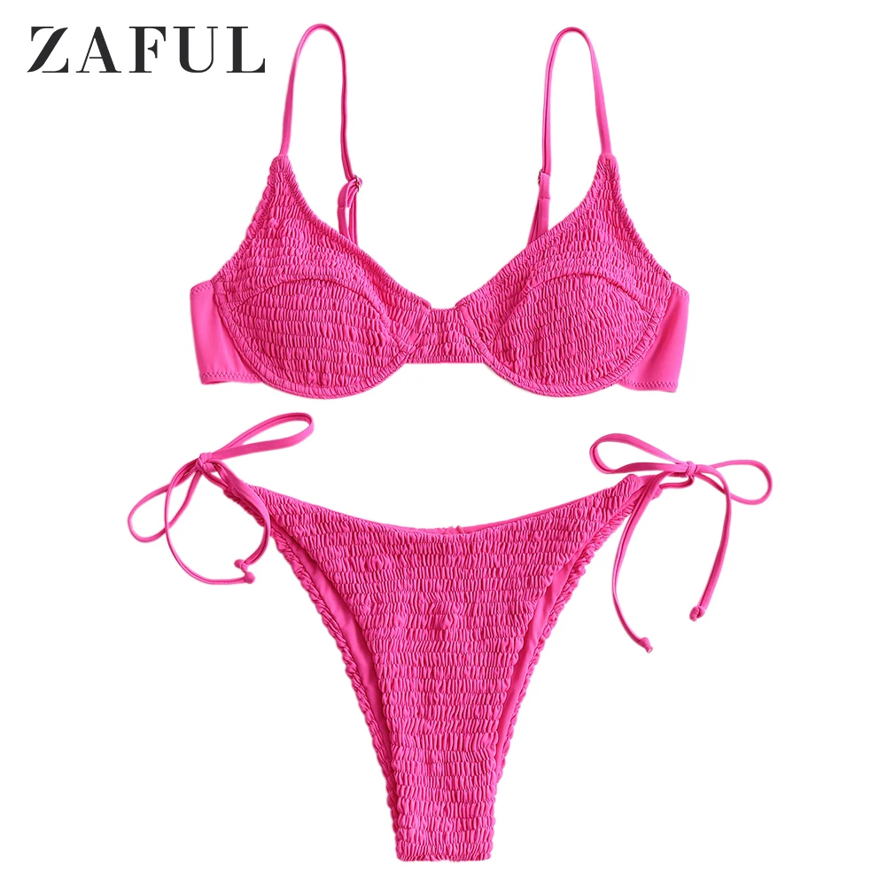 

ZAFUL Women Hot Pink Neon Smocked Tie Bikini Swimsuit Tie Side Low Waisted Bikini Sets Spaghetti Straps Solid Push Up Swimwear