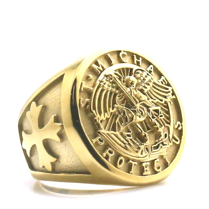 Newest Unisex Cross Saint Michael Protect US 316L Stainless Steel Gold-Color Ring | Украшения и аксессуары