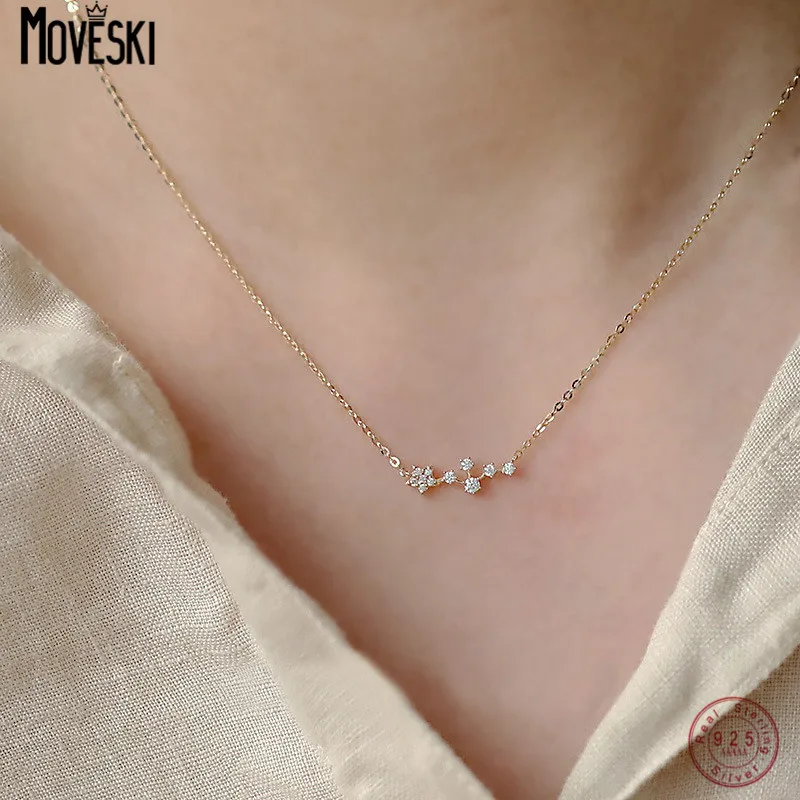 

MOVESKI Real 925 Sterling Silver Zircon Shining Stars Pendant Choker Necklace For Women Classic Fine Jewelry Accessories