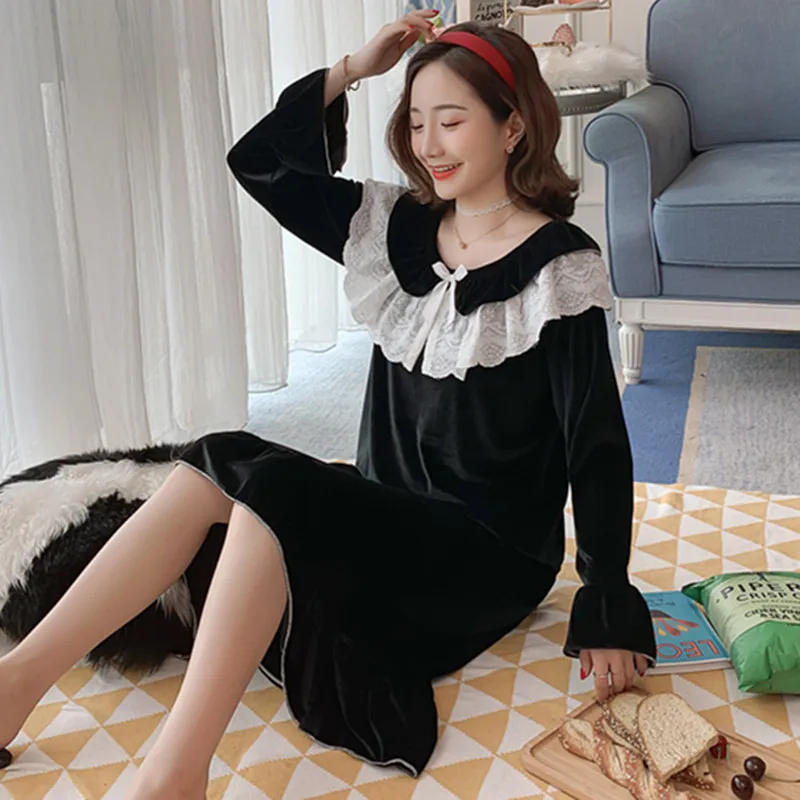 Nightgown Women's Autumn & Winter Long Sleeve Gold Velvet Sweet Korean-style Lace Princess Style Pajamas Spring And Autumn Days 
Nightgown Women's Autumn & Winter Long Sleeve Gold Velvet Sweet Korean-style Lace Princess Style Pajamas Spring And Autumn Days