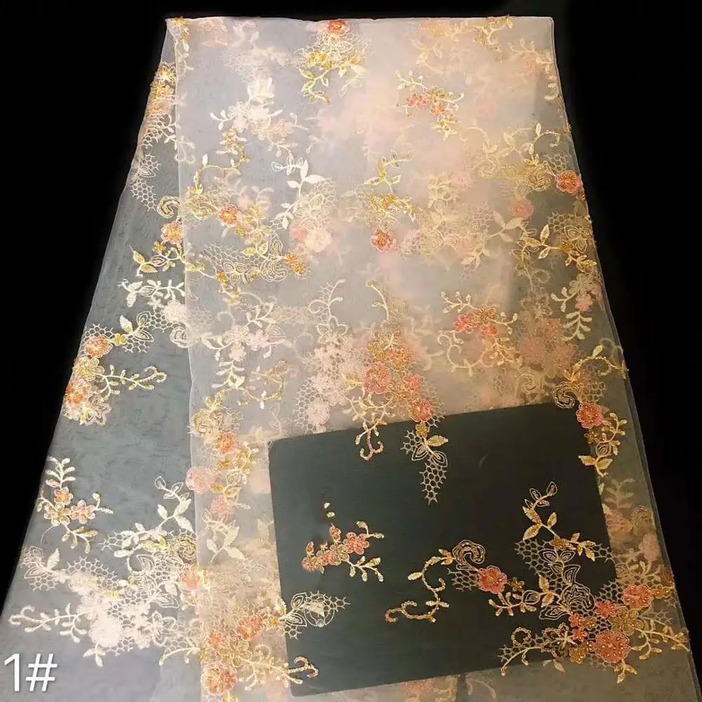 Фото Рекламная изысканная ткань с вышивкой из бисера и блесток французская сетчатая