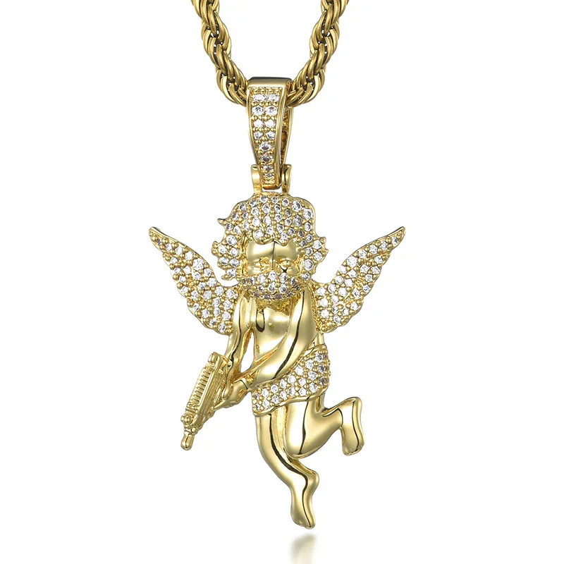 

Hip Hop 5A+ CZ Stone Paved Bing Iced Out Vengeance Gun Angel Pendants Necklace for Men Rapper Jewelry Gift Gold Silver Color