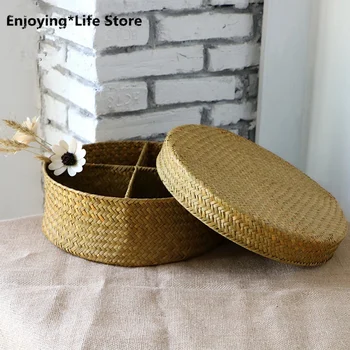 

1Pcs Round 4 Grids Sea Grass Pure Handmade Woven Basket Rattan Box Desktop Storage Baskets Cosmetics Sundries Holder Home Decor