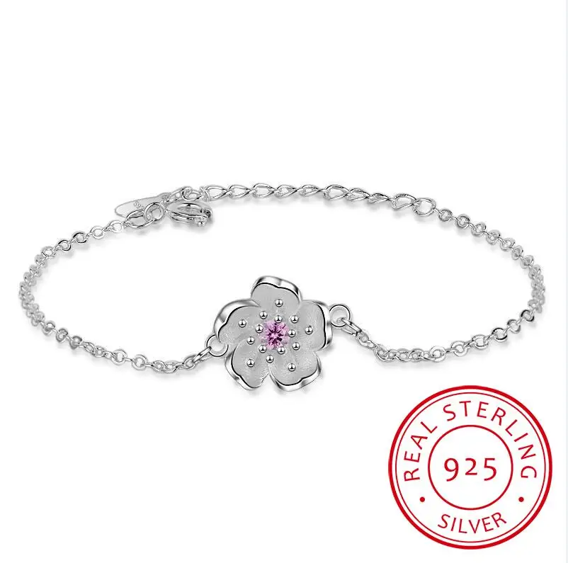 

Luxury 925 Sterling Silver Bracelets Purple/Pink Zirconia Plum Blossom Flower Bracelets & Bangles For Women pulseira