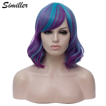 

Similler Curly Short Wig for Women Synthetic Hair Blue Purple Highlights Ombre Color High Temperature Fiber for Halloween