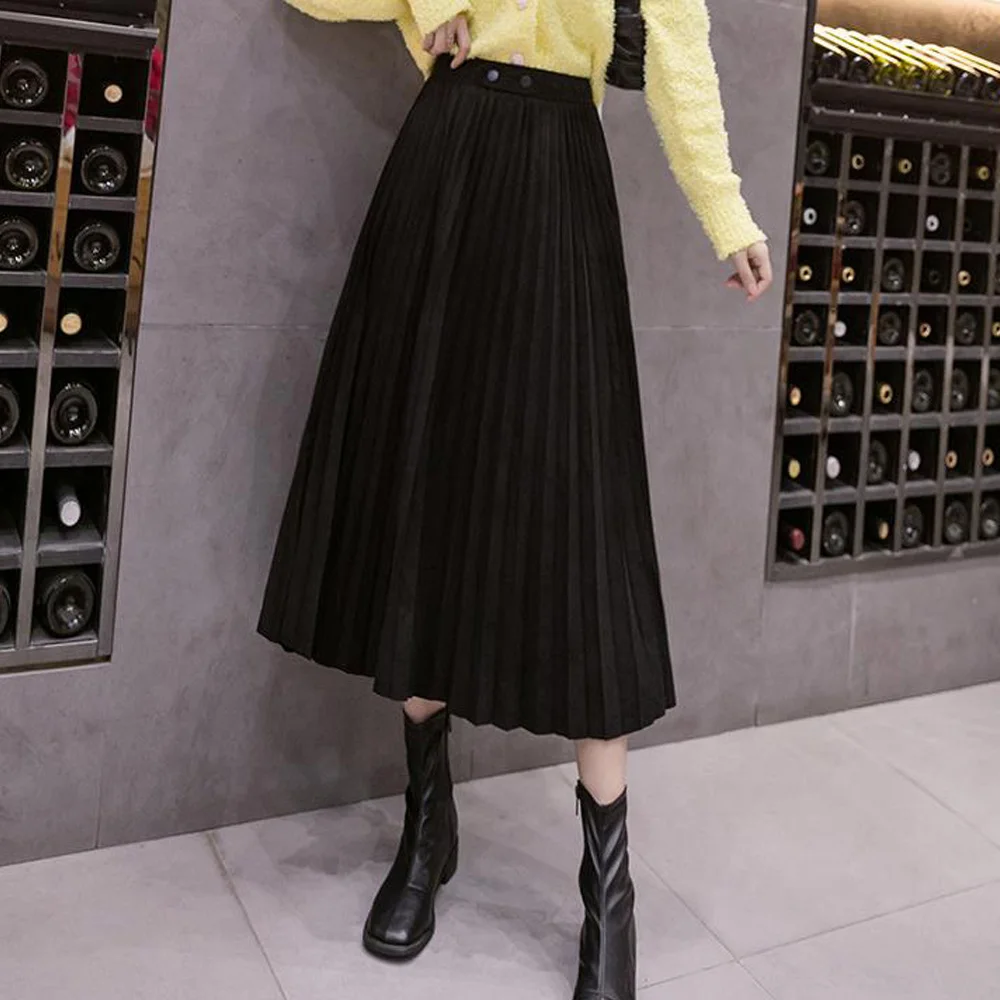 Осенне-зимние черные плиссированные юбки женские бархатные с высокой талией в