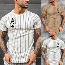 

50% Hot Sales!!! Men T-shirt Short Sleeve Spade Ace Poker Print Vertical Stripes Slim T-shirt Top for Daily Wear