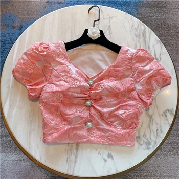 Short Blouse for Women 2020 Summer New Crop Top Shirt Custom Dark Jacquard Pearl Buckle Printed Chiffon Shirt Women Blusas
Short Blouse for Women 2020 Summer New Crop Top Shirt Custom Dark Jacquard Pearl Buckle Printed Chiffon Shirt Women Blusas