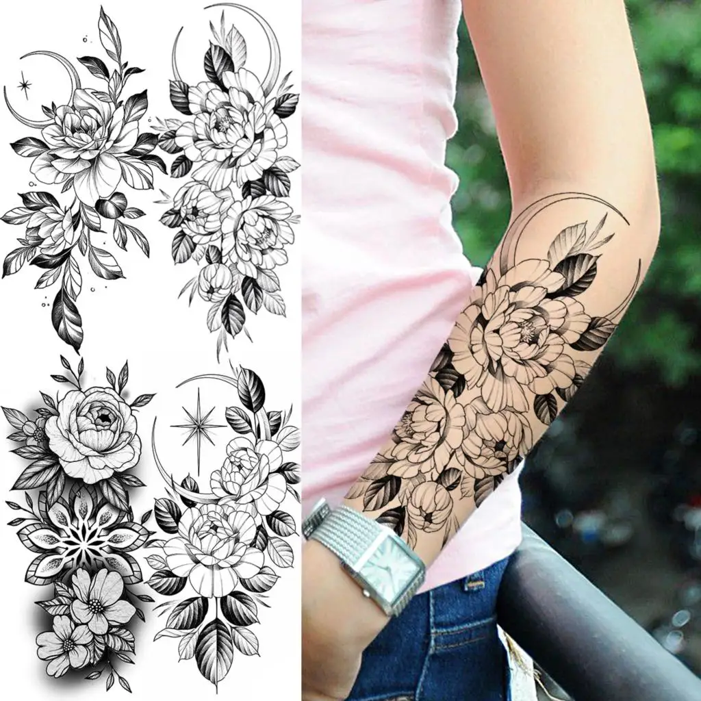 Black Peony Flower Moon Forearm Temporary Tattoos For Women Adult Girl Henna Rose Fake Tattoo Waterproof Body Art Painting Tatoo 
Black Peony Flower Moon Forearm Temporary Tattoos For Women Adult Girl Henna Rose Fake Tattoo Waterproof Body Art Painting Tatoo