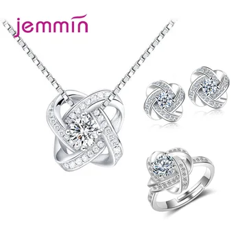 

Atmospheric Women Bridal Jewelry Sets 925 Sterling Silver Shining Clear Cubic Zirconia Paved Flower Charm Earrings Necklace Ring