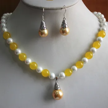 Wholesale 8mm mixed colors white/yellow jade pearl/stone necklace +14mm pearl hook earring and pendant jewelry set>>002 
Wholesale 8mm mixed colors white/yellow jade pearl/stone necklace +14mm pearl hook earring and pendant jewelry set>>002