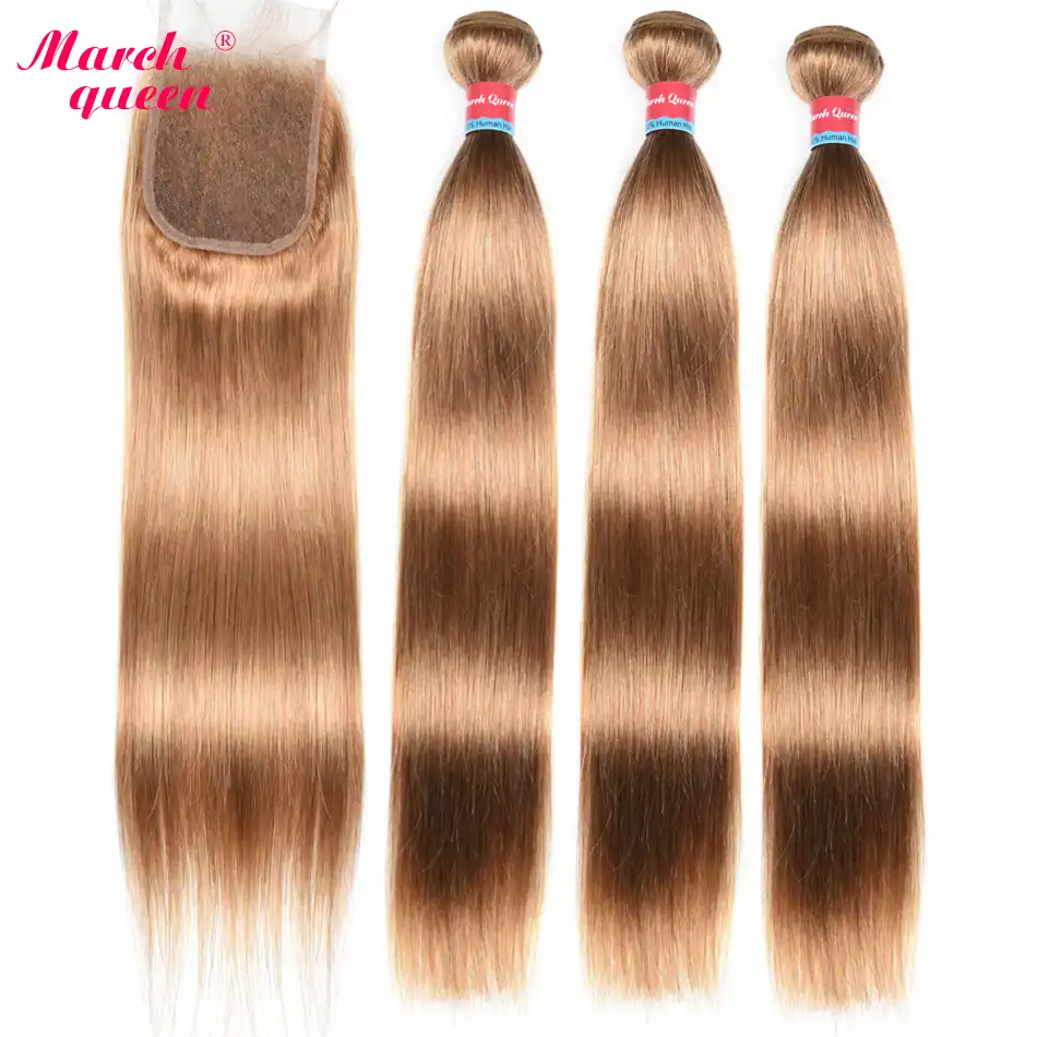 March Queen Brazilian Hair Straight 3 Bundles With Closure 27