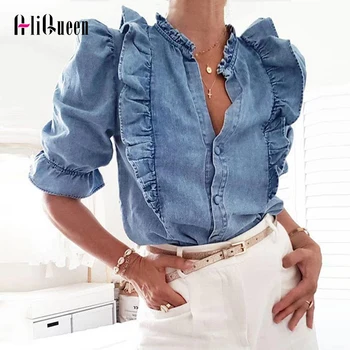 Spring Plus Size Butterfly Sleeve Denim Ruffle Shirt Boluse Slim Jeans Shirt Vintage Ladies Tops Blusa Women Tops and Blouses
Spring Plus Size Butterfly Sleeve Denim Ruffle Shirt Boluse Slim Jeans Shirt Vintage Ladies Tops Blusa Women Tops and Blouses