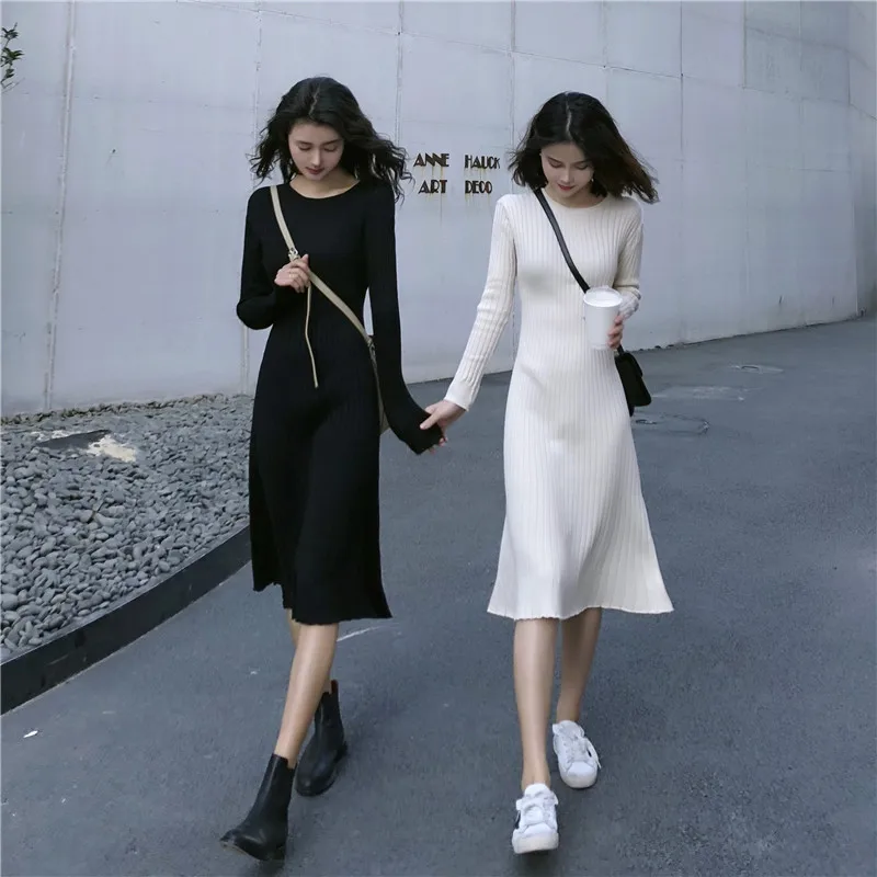 

Women Casual Maxi Dress 2019 Autumn Korean Slim Long Dresses Knit Long Sleeve Dress