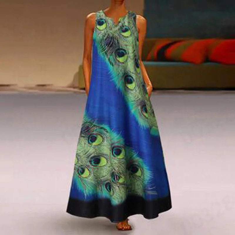 Womens Summer Dress Peacock Tail Print Maxi Dress V-neck Sleeveless Retro Prom Ladies Sundress Beach Holiday Long Dress
Womens Summer Dress Peacock Tail Print Maxi Dress V-neck Sleeveless Retro Prom Ladies Sundress Beach Holiday Long Dress