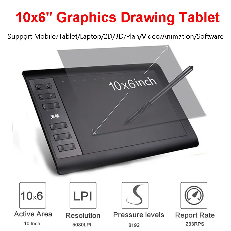 10*6 Inch Professional Graphic Tablet 8192 Levels Digital Drawing Tablet For MAC Window No need charge Pen Tablet
10*6 Inch Professional Graphic Tablet 8192 Levels Digital Drawing Tablet For MAC Window No need charge Pen Tablet